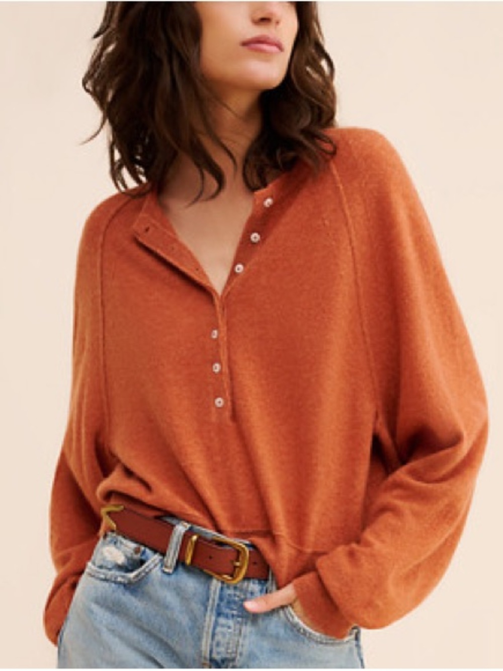 Free People Porta Cashmere Henley Sweater Burnt Orange Cardigan Top Sz Medium